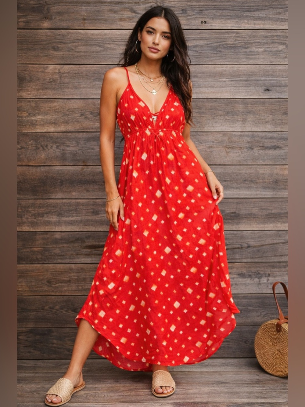Red Printed Spaghetti-Strap Maxi Dress